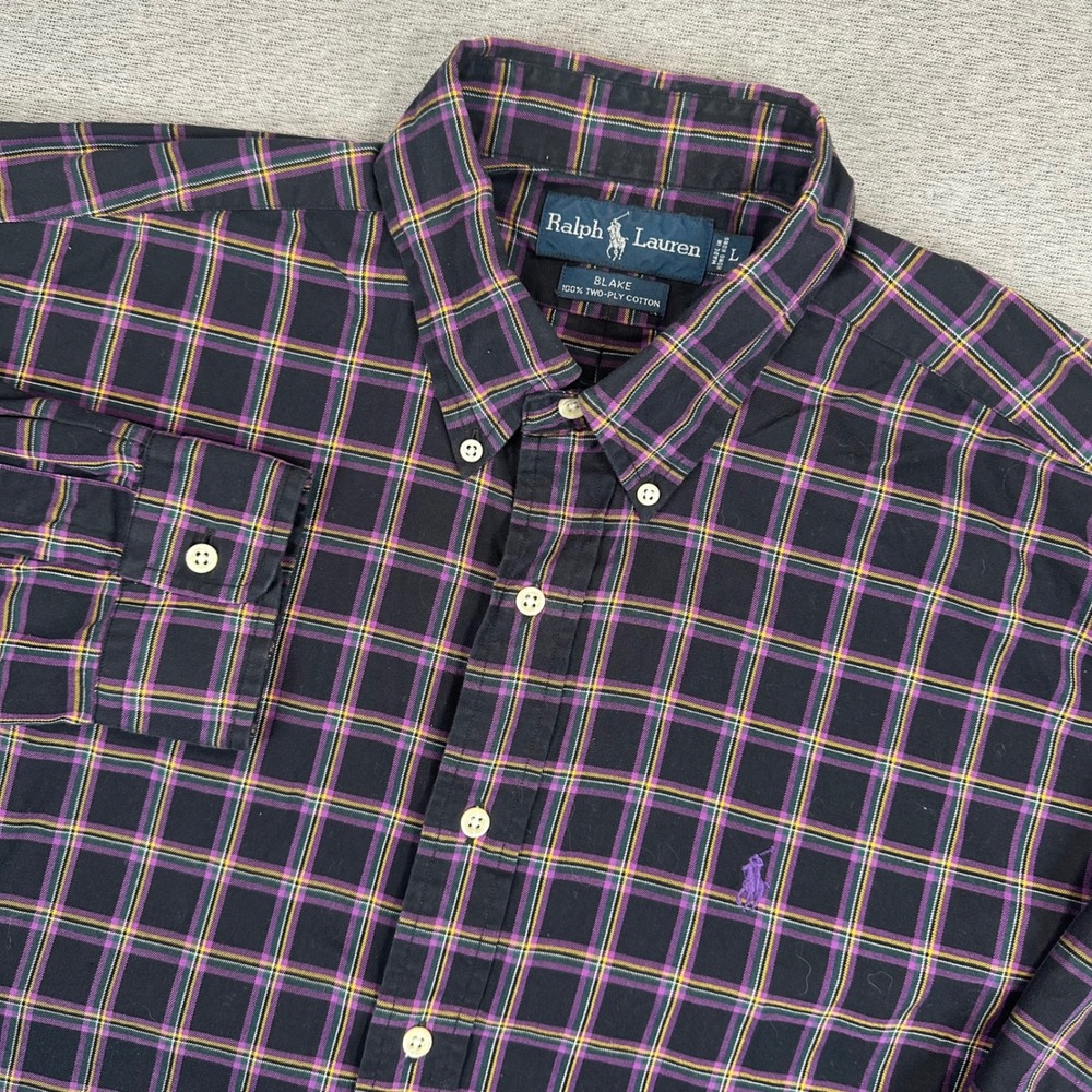 Ralph Lauren Blake Shirt Mens L (Fits 2XL) Black Purple Plaid Button Down